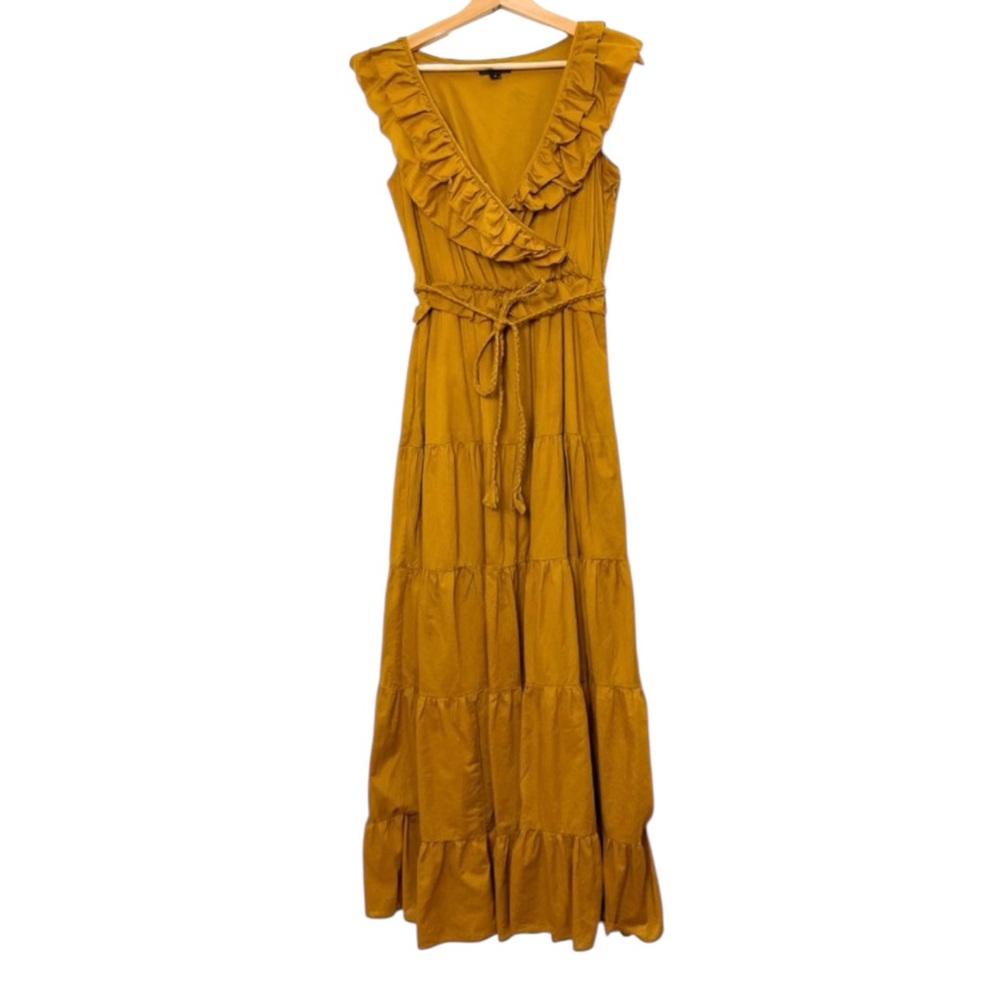 J. Crew Nina Boho Ruffled Romantic Prairie Maxi Dress Gold Bronze V Neck Sz 2 - Picture 4 of 11
